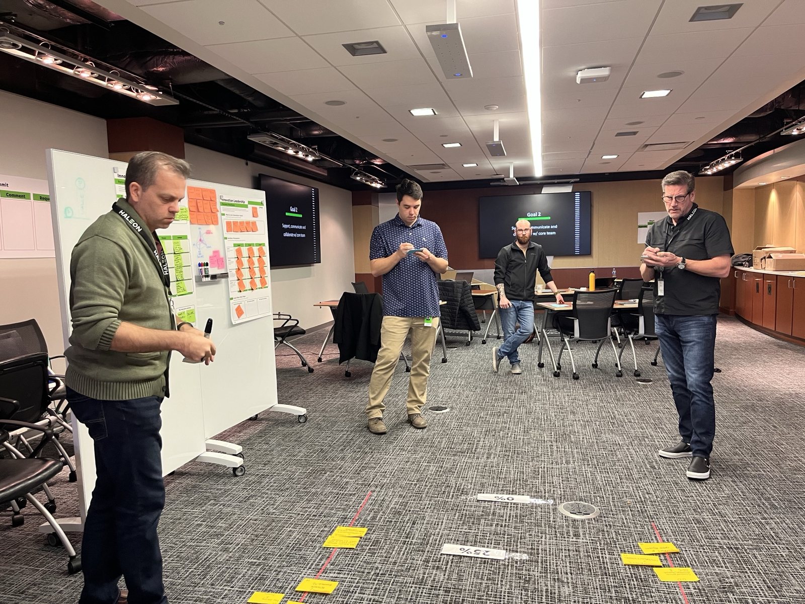 Participants placing notes along a scale marked out on the floor