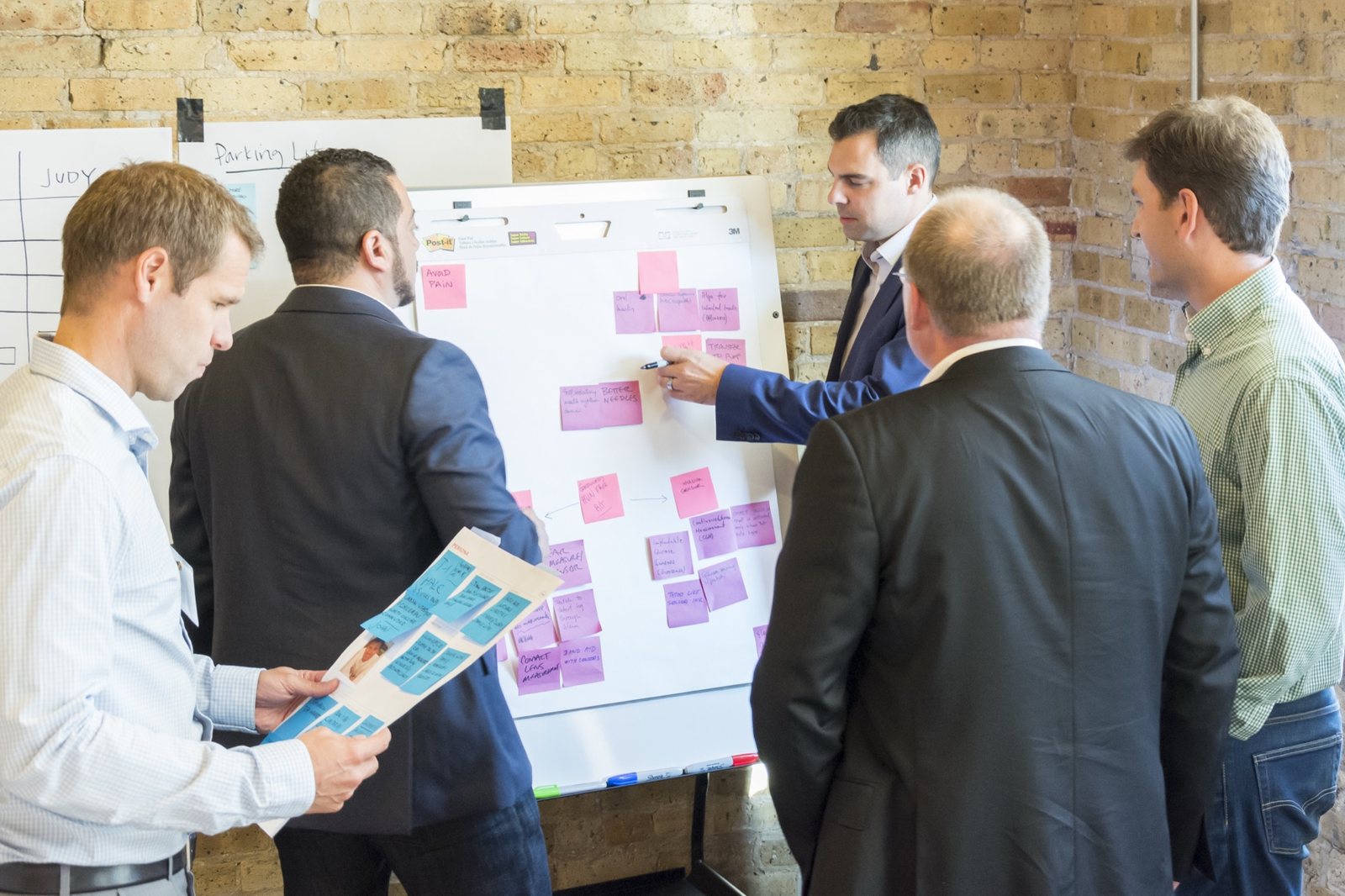Business leaders working through a strategy board together
