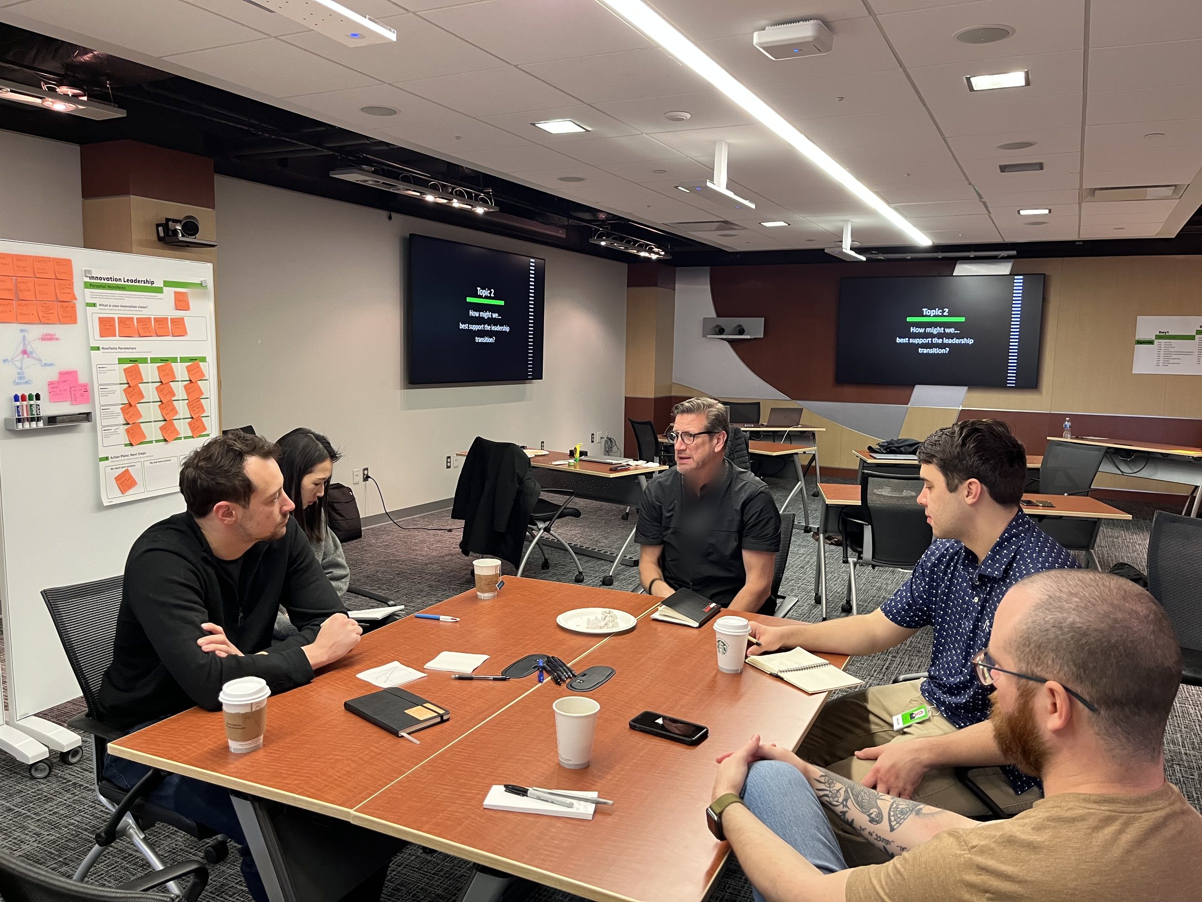 Six peers talking around a table over coffee